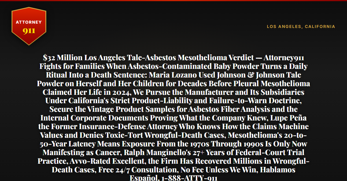 $32 Million Los Angeles Talc-Asbestos Mesothelioma Verdict — Attorney911 Fights for Families When Asbestos-Contaminated Baby Powder Turns a Daily Ritual Into a Death Sentence: Maria Lozano Used Johnson & Johnson Talc Powder on Herself and Her Children for Decades Before Pleural Mesothelioma Claimed Her Life in 2024, We Pursue the Manufacturer and Its Subsidiaries Under California's Strict Product-Liability and Failure-to-Warn Doctrine, Secure the Vintage Product Samples for Asbestos Fiber Analysis and the Internal Corporate Documents Proving What the Company Knew, Lupe Peña the Former Insurance-Defense Attorney Who Knows How the Claims Machine Values and Denies Toxic-Tort Wrongful-Death Cases, Mesothelioma's 20-to-50-Year Latency Means Exposure From the 1970s Through 1990s Is Only Now Manifesting as Cancer, Ralph Manginello's 27+ Years of Federal-Court Trial Practice, Avvo-Rated Excellent, the Firm Has Recovered Millions in Wrongful-Death Cases, Free 24/7 Consultation, No Fee Unless We Win, Hablamos Español, 1-888-ATTY-911 - Attorney911