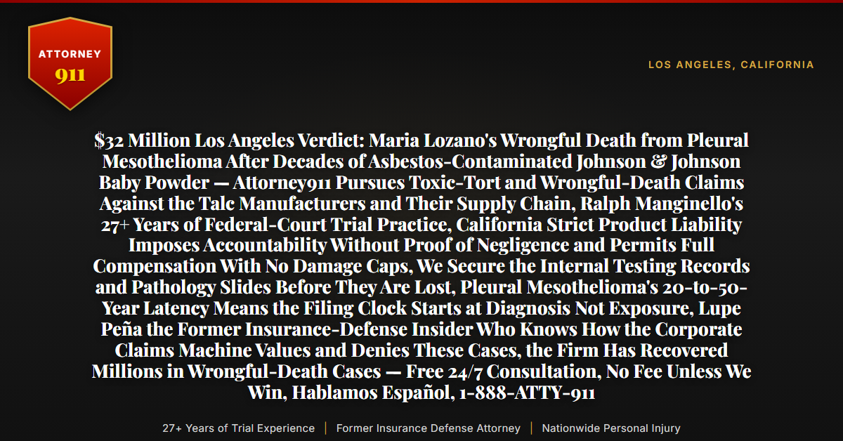 $32 Million Los Angeles Verdict: Maria Lozano's Wrongful Death from Pleural Mesothelioma After Decades of Asbestos-Contaminated Johnson & Johnson Baby Powder — Attorney911 Pursues Toxic-Tort and Wrongful-Death Claims Against the Talc Manufacturers and Their Supply Chain, Ralph Manginello's 27+ Years of Federal-Court Trial Practice, California Strict Product Liability Imposes Accountability Without Proof of Negligence and Permits Full Compensation With No Damage Caps, We Secure the Internal Testing Records and Pathology Slides Before They Are Lost, Pleural Mesothelioma's 20-to-50-Year Latency Means the Filing Clock Starts at Diagnosis Not Exposure, Lupe Peña the Former Insurance-Defense Insider Who Knows How the Corporate Claims Machine Values and Denies These Cases, the Firm Has Recovered Millions in Wrongful-Death Cases — Free 24/7 Consultation, No Fee Unless We Win, Hablamos Español, 1-888-ATTY-911 - Attorney911