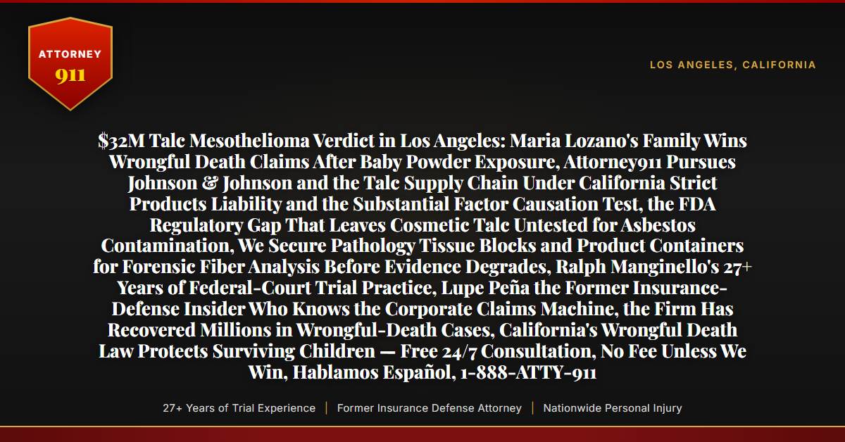 $32M Talc Mesothelioma Verdict in Los Angeles: Maria Lozano's Family Wins Wrongful Death Claims After Baby Powder Exposure, Attorney911 Pursues Johnson & Johnson and the Talc Supply Chain Under California Strict Products Liability and the Substantial Factor Causation Test, the FDA Regulatory Gap That Leaves Cosmetic Talc Untested for Asbestos Contamination, We Secure Pathology Tissue Blocks and Product Containers for Forensic Fiber Analysis Before Evidence Degrades, Ralph Manginello's 27+ Years of Federal-Court Trial Practice, Lupe Peña the Former Insurance-Defense Insider Who Knows the Corporate Claims Machine, the Firm Has Recovered Millions in Wrongful-Death Cases, California's Wrongful Death Law Protects Surviving Children — Free 24/7 Consultation, No Fee Unless We Win, Hablamos Español, 1-888-ATTY-911 - Attorney911