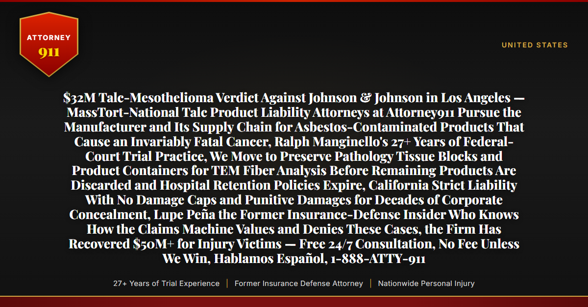 $32M Talc-Mesothelioma Verdict Against Johnson & Johnson in Los Angeles — MassTort-National Talc Product Liability Attorneys at Attorney911 Pursue the Manufacturer and Its Supply Chain for Asbestos-Contaminated Products That Cause an Invariably Fatal Cancer, Ralph Manginello's 27+ Years of Federal-Court Trial Practice, We Move to Preserve Pathology Tissue Blocks and Product Containers for TEM Fiber Analysis Before Remaining Products Are Discarded and Hospital Retention Policies Expire, California Strict Liability With No Damage Caps and Punitive Damages for Decades of Corporate Concealment, Lupe Peña the Former Insurance-Defense Insider Who Knows How the Claims Machine Values and Denies These Cases, the Firm Has Recovered $50M+ for Injury Victims — Free 24/7 Consultation, No Fee Unless We Win, Hablamos Español, 1-888-ATTY-911 - Attorney911