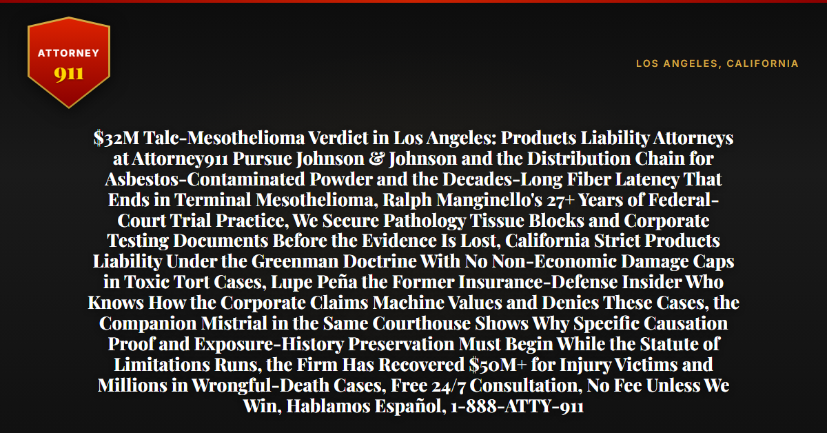 $32M Talc-Mesothelioma Verdict in Los Angeles: Products Liability Attorneys at Attorney911 Pursue Johnson & Johnson and the Distribution Chain for Asbestos-Contaminated Powder and the Decades-Long Fiber Latency That Ends in Terminal Mesothelioma, Ralph Manginello's 27+ Years of Federal-Court Trial Practice, We Secure Pathology Tissue Blocks and Corporate Testing Documents Before the Evidence Is Lost, California Strict Products Liability Under the Greenman Doctrine With No Non-Economic Damage Caps in Toxic Tort Cases, Lupe Peña the Former Insurance-Defense Insider Who Knows How the Corporate Claims Machine Values and Denies These Cases, the Companion Mistrial in the Same Courthouse Shows Why Specific Causation Proof and Exposure-History Preservation Must Begin While the Statute of Limitations Runs, the Firm Has Recovered $50M+ for Injury Victims and Millions in Wrongful-Death Cases, Free 24/7 Consultation, No Fee Unless We Win, Hablamos Español, 1-888-ATTY-911 - Attorney911