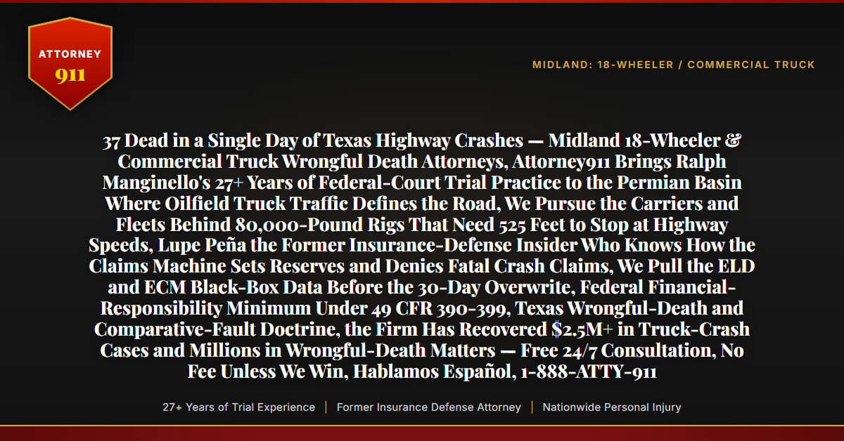 37 Dead in a Single Day of Texas Highway Crashes — Midland 18-Wheeler & Commercial Truck Wrongful Death Attorneys, Attorney911 Brings Ralph Manginello's 27+ Years of Federal-Court Trial Practice to the Permian Basin Where Oilfield Truck Traffic Defines the Road, We Pursue the Carriers and Fleets Behind 80,000-Pound Rigs That Need 525 Feet to Stop at Highway Speeds, Lupe Peña the Former Insurance-Defense Insider Who Knows How the Claims Machine Sets Reserves and Denies Fatal Crash Claims, We Pull the ELD and ECM Black-Box Data Before the 30-Day Overwrite, Federal Financial-Responsibility Minimum Under 49 CFR 390-399, Texas Wrongful-Death and Comparative-Fault Doctrine, the Firm Has Recovered $2.5M+ in Truck-Crash Cases and Millions in Wrongful-Death Matters — Free 24/7 Consultation, No Fee Unless We Win, Hablamos Español, 1-888-ATTY-911 - Attorney911