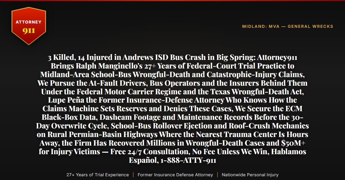 3 Killed, 14 Injured in Andrews ISD Bus Crash in Big Spring: Attorney911 Brings Ralph Manginello's 27+ Years of Federal-Court Trial Practice to Midland-Area School-Bus Wrongful-Death and Catastrophic-Injury Claims, We Pursue the At-Fault Drivers, Bus Operators and the Insurers Behind Them Under the Federal Motor Carrier Regime and the Texas Wrongful-Death Act, Lupe Peña the Former Insurance-Defense Attorney Who Knows How the Claims Machine Sets Reserves and Denies These Cases, We Secure the ECM Black-Box Data, Dashcam Footage and Maintenance Records Before the 30-Day Overwrite Cycle, School-Bus Rollover Ejection and Roof-Crush Mechanics on Rural Permian-Basin Highways Where the Nearest Trauma Center Is Hours Away, the Firm Has Recovered Millions in Wrongful-Death Cases and $50M+ for Injury Victims — Free 24/7 Consultation, No Fee Unless We Win, Hablamos Español, 1-888-ATTY-911 - Attorney911