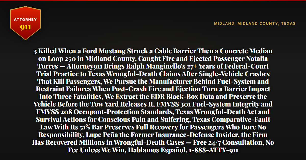 3 Killed When a Ford Mustang Struck a Cable Barrier Then a Concrete Median on Loop 250 in Midland County, Caught Fire and Ejected Passenger Natalia Torres — Attorney911 Brings Ralph Manginello's 27+ Years of Federal-Court Trial Practice to Texas Wrongful-Death Claims After Single-Vehicle Crashes That Kill Passengers, We Pursue the Manufacturer Behind Fuel-System and Restraint Failures When Post-Crash Fire and Ejection Turn a Barrier Impact Into Three Fatalities, We Extract the EDR Black-Box Data and Preserve the Vehicle Before the Tow Yard Releases It, FMVSS 301 Fuel-System Integrity and FMVSS 208 Occupant-Protection Standards, Texas Wrongful-Death Act and Survival Actions for Conscious Pain and Suffering, Texas Comparative-Fault Law With Its 51% Bar Preserves Full Recovery for Passengers Who Bore No Responsibility, Lupe Peña the Former Insurance-Defense Insider, the Firm Has Recovered Millions in Wrongful-Death Cases — Free 24/7 Consultation, No Fee Unless We Win, Hablamos Español, 1-888-ATTY-911 - Attorney911