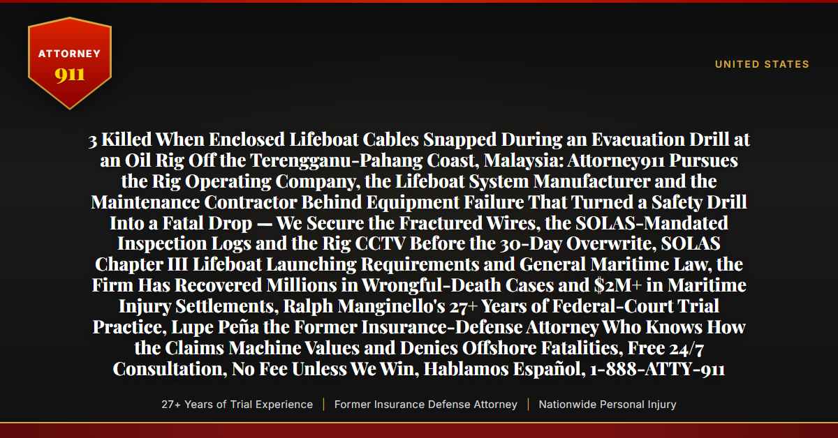 3 Killed When Enclosed Lifeboat Cables Snapped During an Evacuation Drill at an Oil Rig Off the Terengganu-Pahang Coast, Malaysia: Attorney911 Pursues the Rig Operating Company, the Lifeboat System Manufacturer and the Maintenance Contractor Behind Equipment Failure That Turned a Safety Drill Into a Fatal Drop — We Secure the Fractured Wires, the SOLAS-Mandated Inspection Logs and the Rig CCTV Before the 30-Day Overwrite, SOLAS Chapter III Lifeboat Launching Requirements and General Maritime Law, the Firm Has Recovered Millions in Wrongful-Death Cases and $2M+ in Maritime Injury Settlements, Ralph Manginello's 27+ Years of Federal-Court Trial Practice, Lupe Peña the Former Insurance-Defense Attorney Who Knows How the Claims Machine Values and Denies Offshore Fatalities, Free 24/7 Consultation, No Fee Unless We Win, Hablamos Español, 1-888-ATTY-911 - Attorney911