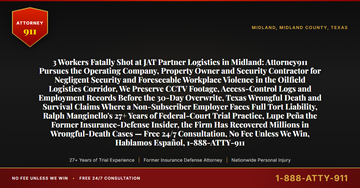 3 Workers Fatally Shot at JAT Partner Logistics in Midland: Attorney911 Pursues the Operating Company, Property Owner and Security Contractor for Negligent Security and Foreseeable Workplace Violence in the Oilfield Logistics Corridor, We Preserve CCTV Footage, Access-Control Logs and Employment Records Before the 30-Day Overwrite, Texas Wrongful Death and Survival Claims Where a Non-Subscriber Employer Faces Full Tort Liability, Ralph Manginello's 27+ Years of Federal-Court Trial Practice, Lupe Peña the Former Insurance-Defense Insider, the Firm Has Recovered Millions in Wrongful-Death Cases — Free 24/7 Consultation, No Fee Unless We Win, Hablamos Español, 1-888-ATTY-911 - Attorney911