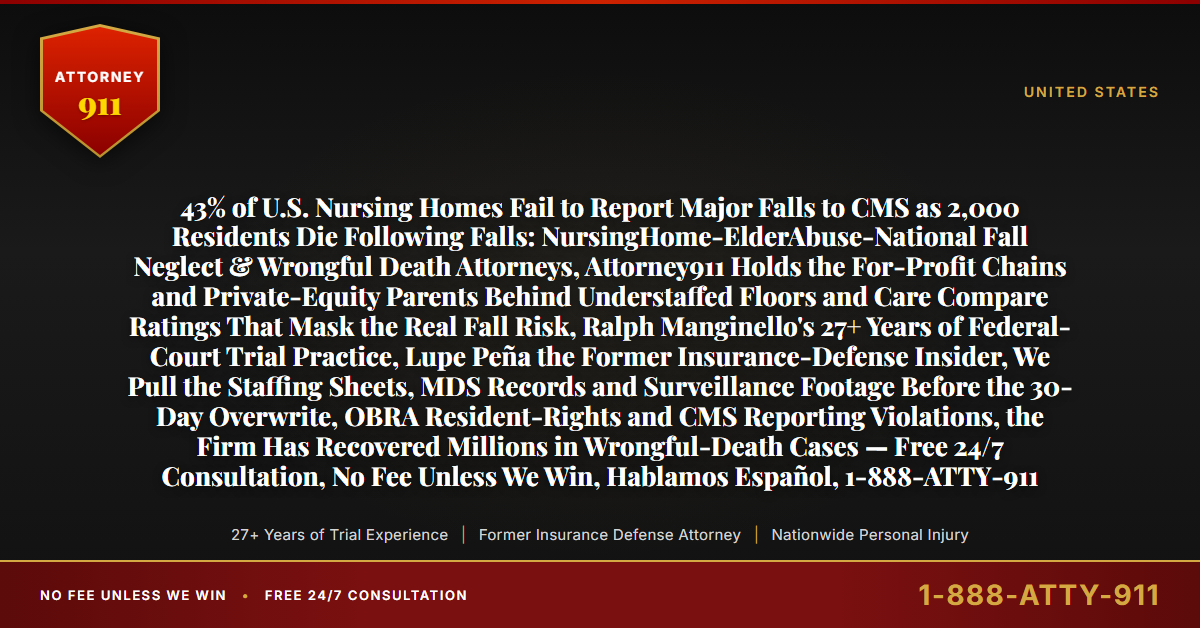 43% of U.S. Nursing Homes Fail to Report Major Falls to CMS as 2,000 Residents Die Following Falls: NursingHome-ElderAbuse-National Fall Neglect & Wrongful Death Attorneys, Attorney911 Holds the For-Profit Chains and Private-Equity Parents Behind Understaffed Floors and Care Compare Ratings That Mask the Real Fall Risk, Ralph Manginello's 27+ Years of Federal-Court Trial Practice, Lupe Peña the Former Insurance-Defense Insider, We Pull the Staffing Sheets, MDS Records and Surveillance Footage Before the 30-Day Overwrite, OBRA Resident-Rights and CMS Reporting Violations, the Firm Has Recovered Millions in Wrongful-Death Cases — Free 24/7 Consultation, No Fee Unless We Win, Hablamos Español, 1-888-ATTY-911 - Attorney911