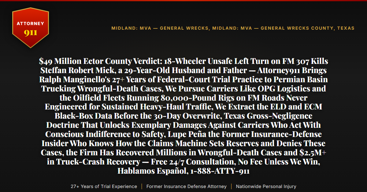 $49 Million Ector County Verdict: 18-Wheeler Unsafe Left Turn on FM 307 Kills Steffan Robert Mick, a 29-Year-Old Husband and Father — Attorney911 Brings Ralph Manginello's 27+ Years of Federal-Court Trial Practice to Permian Basin Trucking Wrongful-Death Cases, We Pursue Carriers Like OPG Logistics and the Oilfield Fleets Running 80,000-Pound Rigs on FM Roads Never Engineered for Sustained Heavy-Haul Traffic, We Extract the ELD and ECM Black-Box Data Before the 30-Day Overwrite, Texas Gross-Negligence Doctrine That Unlocks Exemplary Damages Against Carriers Who Act With Conscious Indifference to Safety, Lupe Peña the Former Insurance-Defense Insider Who Knows How the Claims Machine Sets Reserves and Denies These Cases, the Firm Has Recovered Millions in Wrongful-Death Cases and $2.5M+ in Truck-Crash Recovery — Free 24/7 Consultation, No Fee Unless We Win, Hablamos Español, 1-888-ATTY-911 - Attorney911