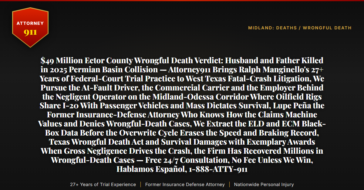 $49 Million Ector County Wrongful Death Verdict: Husband and Father Killed in 2025 Permian Basin Collision — Attorney911 Brings Ralph Manginello's 27+ Years of Federal-Court Trial Practice to West Texas Fatal-Crash Litigation, We Pursue the At-Fault Driver, the Commercial Carrier and the Employer Behind the Negligent Operator on the Midland-Odessa Corridor Where Oilfield Rigs Share I-20 With Passenger Vehicles and Mass Dictates Survival, Lupe Peña the Former Insurance-Defense Attorney Who Knows How the Claims Machine Values and Denies Wrongful-Death Cases, We Extract the ELD and ECM Black-Box Data Before the Overwrite Cycle Erases the Speed and Braking Record, Texas Wrongful Death Act and Survival Damages with Exemplary Awards When Gross Negligence Drives the Crash, the Firm Has Recovered Millions in Wrongful-Death Cases — Free 24/7 Consultation, No Fee Unless We Win, Hablamos Español, 1-888-ATTY-911 - Attorney911