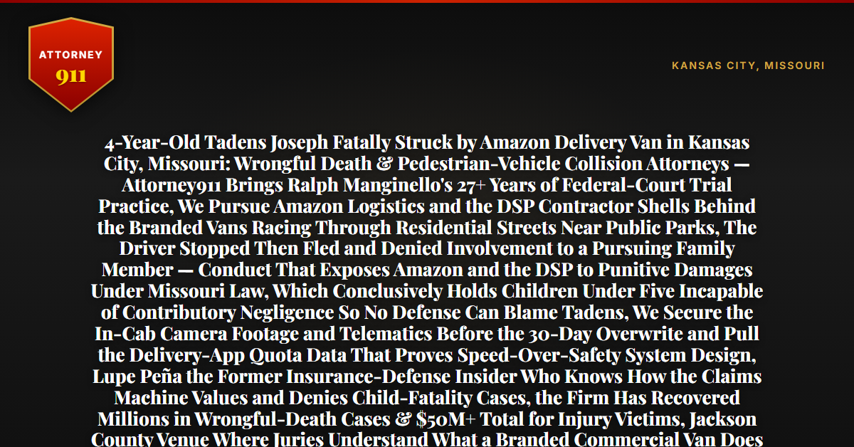 4-Year-Old Tadens Joseph Fatally Struck by Amazon Delivery Van in Kansas City, Missouri: Wrongful Death & Pedestrian-Vehicle Collision Attorneys — Attorney911 Brings Ralph Manginello's 27+ Years of Federal-Court Trial Practice, We Pursue Amazon Logistics and the DSP Contractor Shells Behind the Branded Vans Racing Through Residential Streets Near Public Parks, The Driver Stopped Then Fled and Denied Involvement to a Pursuing Family Member — Conduct That Exposes Amazon and the DSP to Punitive Damages Under Missouri Law, Which Conclusively Holds Children Under Five Incapable of Contributory Negligence So No Defense Can Blame Tadens, We Secure the In-Cab Camera Footage and Telematics Before the 30-Day Overwrite and Pull the Delivery-App Quota Data That Proves Speed-Over-Safety System Design, Lupe Peña the Former Insurance-Defense Insider Who Knows How the Claims Machine Values and Denies Child-Fatality Cases, the Firm Has Recovered Millions in Wrongful-Death Cases & $50M+ Total for Injury Victims, Jackson County Venue Where Juries Understand What a Branded Commercial Van Does to a Four-Year-Old — Free 24/7 Consultation, No Fee Unless We Win, Hablamos Español, 1-888-ATTY-911 - Attorney911