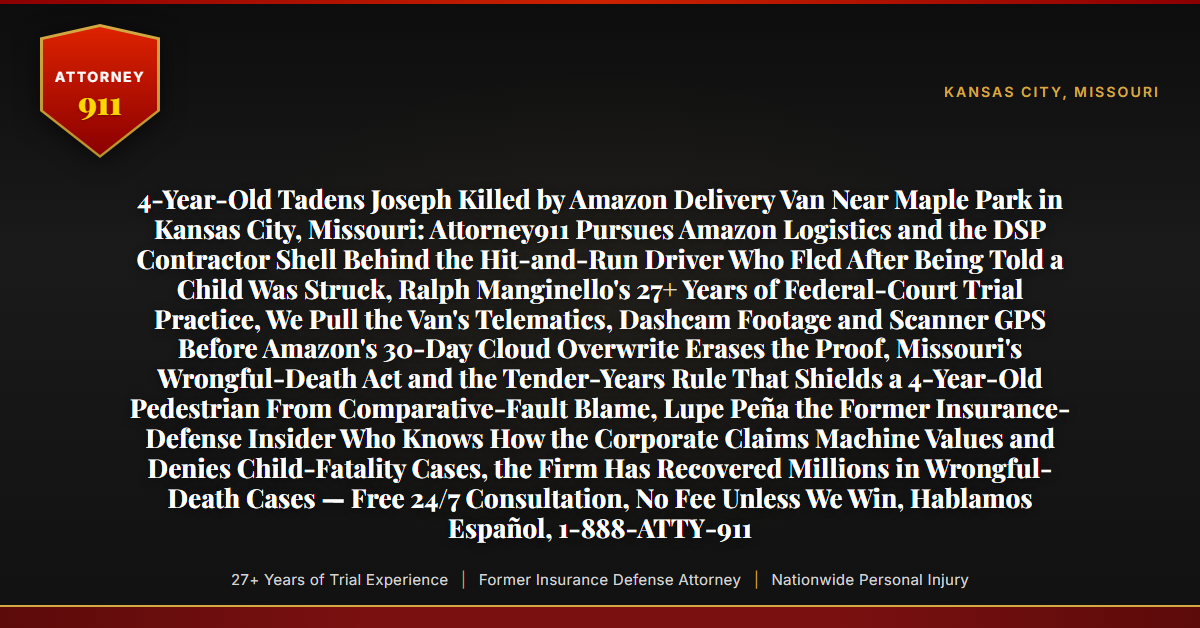 4-Year-Old Tadens Joseph Killed by Amazon Delivery Van Near Maple Park in Kansas City, Missouri: Attorney911 Pursues Amazon Logistics and the DSP Contractor Shell Behind the Hit-and-Run Driver Who Fled After Being Told a Child Was Struck, Ralph Manginello's 27+ Years of Federal-Court Trial Practice, We Pull the Van's Telematics, Dashcam Footage and Scanner GPS Before Amazon's 30-Day Cloud Overwrite Erases the Proof, Missouri's Wrongful-Death Act and the Tender-Years Rule That Shields a 4-Year-Old Pedestrian From Comparative-Fault Blame, Lupe Peña the Former Insurance-Defense Insider Who Knows How the Corporate Claims Machine Values and Denies Child-Fatality Cases, the Firm Has Recovered Millions in Wrongful-Death Cases — Free 24/7 Consultation, No Fee Unless We Win, Hablamos Español, 1-888-ATTY-911 - Attorney911