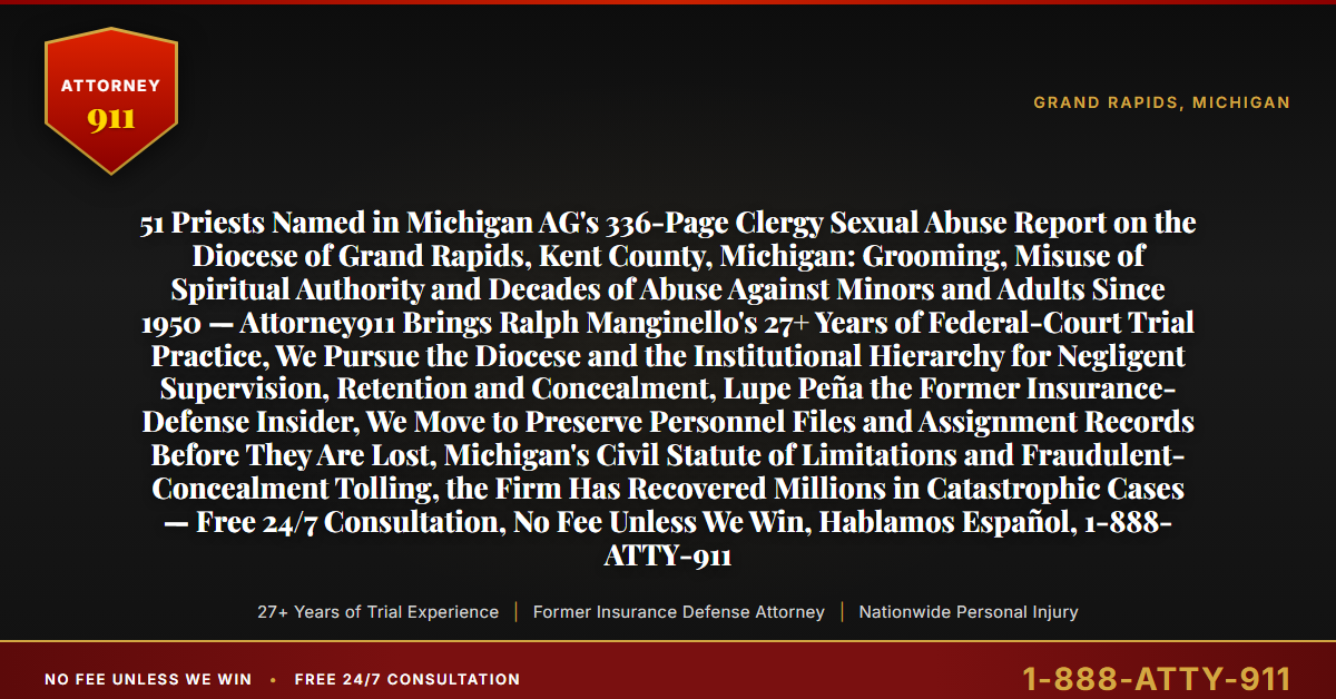 51 Priests Named in Michigan AG's 336-Page Clergy Sexual Abuse Report on the Diocese of Grand Rapids, Kent County, Michigan: Grooming, Misuse of Spiritual Authority and Decades of Abuse Against Minors and Adults Since 1950 — Attorney911 Brings Ralph Manginello's 27+ Years of Federal-Court Trial Practice, We Pursue the Diocese and the Institutional Hierarchy for Negligent Supervision, Retention and Concealment, Lupe Peña the Former Insurance-Defense Insider, We Move to Preserve Personnel Files and Assignment Records Before They Are Lost, Michigan's Civil Statute of Limitations and Fraudulent-Concealment Tolling, the Firm Has Recovered Millions in Catastrophic Cases — Free 24/7 Consultation, No Fee Unless We Win, Hablamos Español, 1-888-ATTY-911 - Attorney911