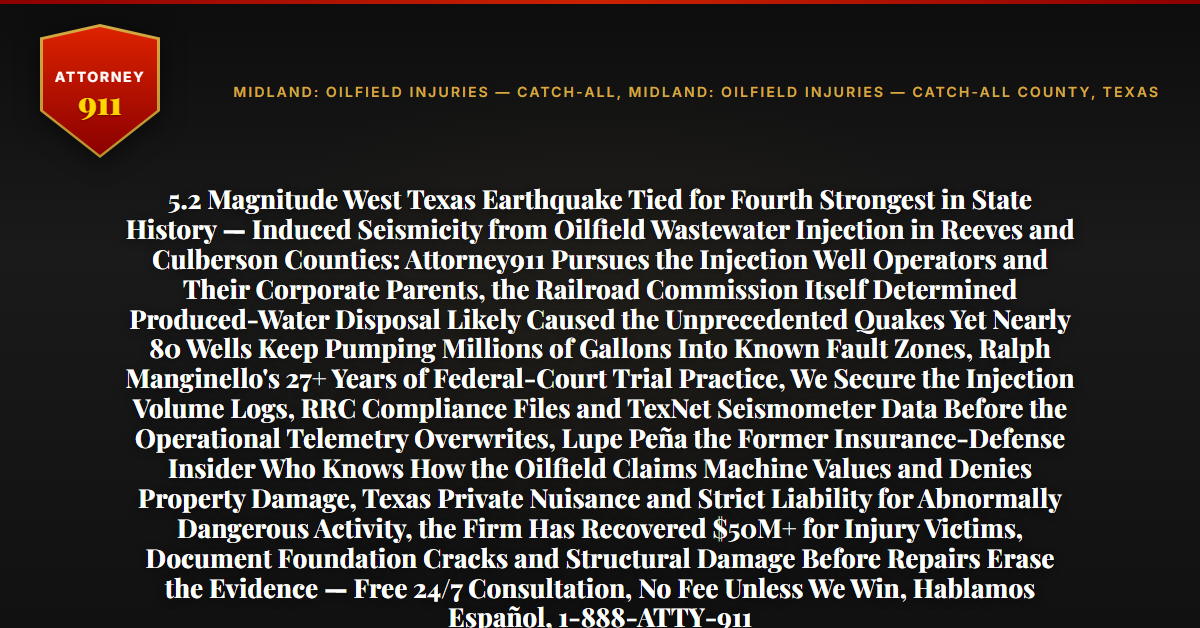 5.2 Magnitude West Texas Earthquake Tied for Fourth Strongest in State History — Induced Seismicity from Oilfield Wastewater Injection in Reeves and Culberson Counties: Attorney911 Pursues the Injection Well Operators and Their Corporate Parents, the Railroad Commission Itself Determined Produced-Water Disposal Likely Caused the Unprecedented Quakes Yet Nearly 80 Wells Keep Pumping Millions of Gallons Into Known Fault Zones, Ralph Manginello's 27+ Years of Federal-Court Trial Practice, We Secure the Injection Volume Logs, RRC Compliance Files and TexNet Seismometer Data Before the Operational Telemetry Overwrites, Lupe Peña the Former Insurance-Defense Insider Who Knows How the Oilfield Claims Machine Values and Denies Property Damage, Texas Private Nuisance and Strict Liability for Abnormally Dangerous Activity, the Firm Has Recovered $50M+ for Injury Victims, Document Foundation Cracks and Structural Damage Before Repairs Erase the Evidence — Free 24/7 Consultation, No Fee Unless We Win, Hablamos Español, 1-888-ATTY-911 - Attorney911
