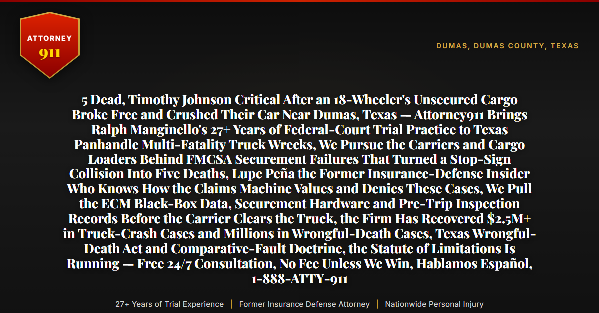 5 Dead, Timothy Johnson Critical After an 18-Wheeler's Unsecured Cargo Broke Free and Crushed Their Car Near Dumas, Texas — Attorney911 Brings Ralph Manginello's 27+ Years of Federal-Court Trial Practice to Texas Panhandle Multi-Fatality Truck Wrecks, We Pursue the Carriers and Cargo Loaders Behind FMCSA Securement Failures That Turned a Stop-Sign Collision Into Five Deaths, Lupe Peña the Former Insurance-Defense Insider Who Knows How the Claims Machine Values and Denies These Cases, We Pull the ECM Black-Box Data, Securement Hardware and Pre-Trip Inspection Records Before the Carrier Clears the Truck, the Firm Has Recovered $2.5M+ in Truck-Crash Cases and Millions in Wrongful-Death Cases, Texas Wrongful-Death Act and Comparative-Fault Doctrine, the Statute of Limitations Is Running — Free 24/7 Consultation, No Fee Unless We Win, Hablamos Español, 1-888-ATTY-911 - Attorney911