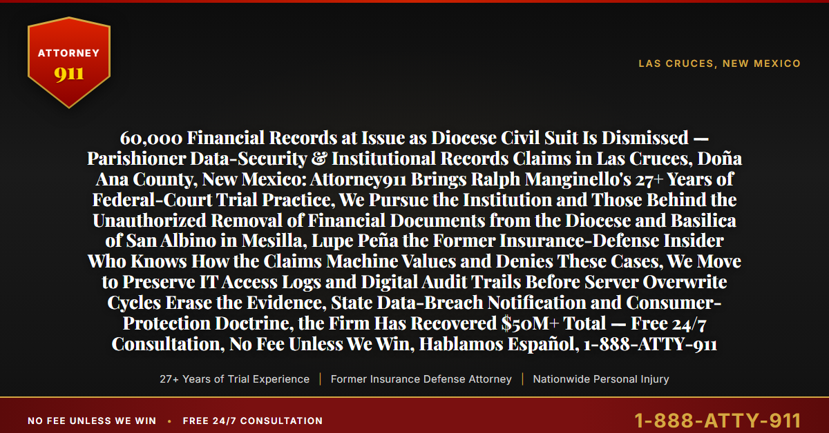 60,000 Financial Records at Issue as Diocese Civil Suit Is Dismissed — Parishioner Data-Security & Institutional Records Claims in Las Cruces, Doña Ana County, New Mexico: Attorney911 Brings Ralph Manginello's 27+ Years of Federal-Court Trial Practice, We Pursue the Institution and Those Behind the Unauthorized Removal of Financial Documents from the Diocese and Basilica of San Albino in Mesilla, Lupe Peña the Former Insurance-Defense Insider Who Knows How the Claims Machine Values and Denies These Cases, We Move to Preserve IT Access Logs and Digital Audit Trails Before Server Overwrite Cycles Erase the Evidence, State Data-Breach Notification and Consumer-Protection Doctrine, the Firm Has Recovered $50M+ Total — Free 24/7 Consultation, No Fee Unless We Win, Hablamos Español, 1-888-ATTY-911 - Attorney911