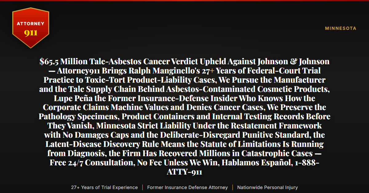 $65.5 Million Talc-Asbestos Cancer Verdict Upheld Against Johnson & Johnson — Attorney911 Brings Ralph Manginello's 27+ Years of Federal-Court Trial Practice to Toxic-Tort Product-Liability Cases, We Pursue the Manufacturer and the Talc Supply Chain Behind Asbestos-Contaminated Cosmetic Products, Lupe Peña the Former Insurance-Defense Insider Who Knows How the Corporate Claims Machine Values and Denies Cancer Cases, We Preserve the Pathology Specimens, Product Containers and Internal Testing Records Before They Vanish, Minnesota Strict Liability Under the Restatement Framework with No Damages Caps and the Deliberate-Disregard Punitive Standard, the Latent-Disease Discovery Rule Means the Statute of Limitations Is Running from Diagnosis, the Firm Has Recovered Millions in Catastrophic Cases — Free 24/7 Consultation, No Fee Unless We Win, Hablamos Español, 1-888-ATTY-911 - Attorney911