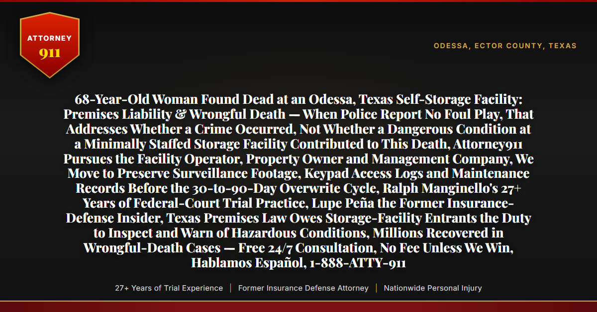 68-Year-Old Woman Found Dead at an Odessa, Texas Self-Storage Facility: Premises Liability & Wrongful Death — When Police Report No Foul Play, That Addresses Whether a Crime Occurred, Not Whether a Dangerous Condition at a Minimally Staffed Storage Facility Contributed to This Death, Attorney911 Pursues the Facility Operator, Property Owner and Management Company, We Move to Preserve Surveillance Footage, Keypad Access Logs and Maintenance Records Before the 30-to-90-Day Overwrite Cycle, Ralph Manginello's 27+ Years of Federal-Court Trial Practice, Lupe Peña the Former Insurance-Defense Insider, Texas Premises Law Owes Storage-Facility Entrants the Duty to Inspect and Warn of Hazardous Conditions, Millions Recovered in Wrongful-Death Cases — Free 24/7 Consultation, No Fee Unless We Win, Hablamos Español, 1-888-ATTY-911 - Attorney911