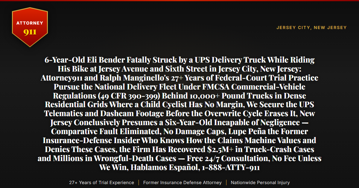 6-Year-Old Eli Bender Fatally Struck by a UPS Delivery Truck While Riding His Bike at Jersey Avenue and Sixth Street in Jersey City, New Jersey: Attorney911 and Ralph Manginello's 27+ Years of Federal-Court Trial Practice Pursue the National Delivery Fleet Under FMCSA Commercial-Vehicle Regulations (49 CFR 390-399) Behind 10,000+ Pound Trucks in Dense Residential Grids Where a Child Cyclist Has No Margin, We Secure the UPS Telematics and Dashcam Footage Before the Overwrite Cycle Erases It, New Jersey Conclusively Presumes a Six-Year-Old Incapable of Negligence — Comparative Fault Eliminated, No Damage Caps, Lupe Peña the Former Insurance-Defense Insider Who Knows How the Claims Machine Values and Denies These Cases, the Firm Has Recovered $2.5M+ in Truck-Crash Cases and Millions in Wrongful-Death Cases — Free 24/7 Consultation, No Fee Unless We Win, Hablamos Español, 1-888-ATTY-911 - Attorney911