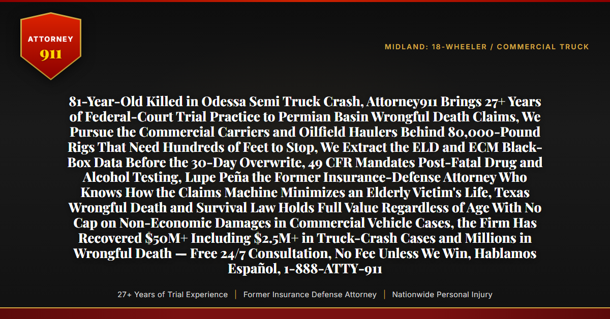 81-Year-Old Killed in Odessa Semi Truck Crash, Attorney911 Brings 27+ Years of Federal-Court Trial Practice to Permian Basin Wrongful Death Claims, We Pursue the Commercial Carriers and Oilfield Haulers Behind 80,000-Pound Rigs That Need Hundreds of Feet to Stop, We Extract the ELD and ECM Black-Box Data Before the 30-Day Overwrite, 49 CFR Mandates Post-Fatal Drug and Alcohol Testing, Lupe Peña the Former Insurance-Defense Attorney Who Knows How the Claims Machine Minimizes an Elderly Victim's Life, Texas Wrongful Death and Survival Law Holds Full Value Regardless of Age With No Cap on Non-Economic Damages in Commercial Vehicle Cases, the Firm Has Recovered $50M+ Including $2.5M+ in Truck-Crash Cases and Millions in Wrongful Death — Free 24/7 Consultation, No Fee Unless We Win, Hablamos Español, 1-888-ATTY-911 - Attorney911