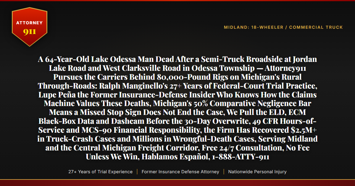 A 64-Year-Old Lake Odessa Man Dead After a Semi-Truck Broadside at Jordan Lake Road and West Clarksville Road in Odessa Township — Attorney911 Pursues the Carriers Behind 80,000-Pound Rigs on Michigan's Rural Through-Roads: Ralph Manginello's 27+ Years of Federal-Court Trial Practice, Lupe Peña the Former Insurance-Defense Insider Who Knows How the Claims Machine Values These Deaths, Michigan's 50% Comparative Negligence Bar Means a Missed Stop Sign Does Not End the Case, We Pull the ELD, ECM Black-Box Data and Dashcam Before the 30-Day Overwrite, 49 CFR Hours-of-Service and MCS-90 Financial Responsibility, the Firm Has Recovered $2.5M+ in Truck-Crash Cases and Millions in Wrongful-Death Cases, Serving Midland and the Central Michigan Freight Corridor, Free 24/7 Consultation, No Fee Unless We Win, Hablamos Español, 1-888-ATTY-911 - Attorney911