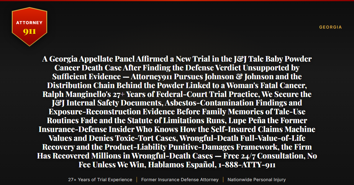 A Georgia Appellate Panel Affirmed a New Trial in the J&J Talc Baby Powder Cancer Death Case After Finding the Defense Verdict Unsupported by Sufficient Evidence — Attorney911 Pursues Johnson & Johnson and the Distribution Chain Behind the Powder Linked to a Woman's Fatal Cancer, Ralph Manginello's 27+ Years of Federal-Court Trial Practice, We Secure the J&J Internal Safety Documents, Asbestos-Contamination Findings and Exposure-Reconstruction Evidence Before Family Memories of Talc-Use Routines Fade and the Statute of Limitations Runs, Lupe Peña the Former Insurance-Defense Insider Who Knows How the Self-Insured Claims Machine Values and Denies Toxic-Tort Cases, Wrongful-Death Full-Value-of-Life Recovery and the Product-Liability Punitive-Damages Framework, the Firm Has Recovered Millions in Wrongful-Death Cases — Free 24/7 Consultation, No Fee Unless We Win, Hablamos Español, 1-888-ATTY-911 - Attorney911