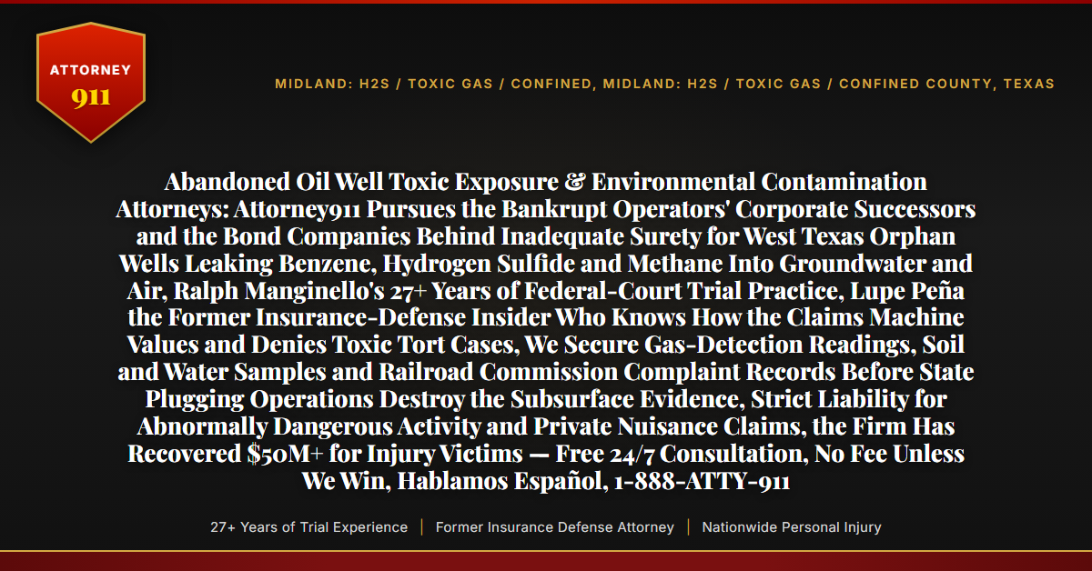 Abandoned Oil Well Toxic Exposure & Environmental Contamination Attorneys: Attorney911 Pursues the Bankrupt Operators' Corporate Successors and the Bond Companies Behind Inadequate Surety for West Texas Orphan Wells Leaking Benzene, Hydrogen Sulfide and Methane Into Groundwater and Air, Ralph Manginello's 27+ Years of Federal-Court Trial Practice, Lupe Peña the Former Insurance-Defense Insider Who Knows How the Claims Machine Values and Denies Toxic Tort Cases, We Secure Gas-Detection Readings, Soil and Water Samples and Railroad Commission Complaint Records Before State Plugging Operations Destroy the Subsurface Evidence, Strict Liability for Abnormally Dangerous Activity and Private Nuisance Claims, the Firm Has Recovered $50M+ for Injury Victims — Free 24/7 Consultation, No Fee Unless We Win, Hablamos Español, 1-888-ATTY-911 - Attorney911