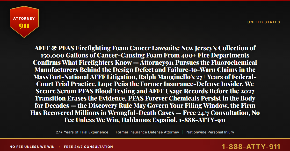 AFFF & PFAS Firefighting Foam Cancer Lawsuits: New Jersey's Collection of 150,000 Gallons of Cancer-Causing Foam From 400+ Fire Departments Confirms What Firefighters Know — Attorney911 Pursues the Fluorochemical Manufacturers Behind the Design Defect and Failure-to-Warn Claims in the MassTort-National AFFF Litigation, Ralph Manginello's 27+ Years of Federal-Court Trial Practice, Lupe Peña the Former Insurance-Defense Insider, We Secure Serum PFAS Blood Testing and AFFF Usage Records Before the 2027 Transition Erases the Evidence, PFAS Forever Chemicals Persist in the Body for Decades — the Discovery Rule May Govern Your Filing Window, the Firm Has Recovered Millions in Wrongful-Death Cases — Free 24/7 Consultation, No Fee Unless We Win, Hablamos Español, 1-888-ATTY-911 - Attorney911