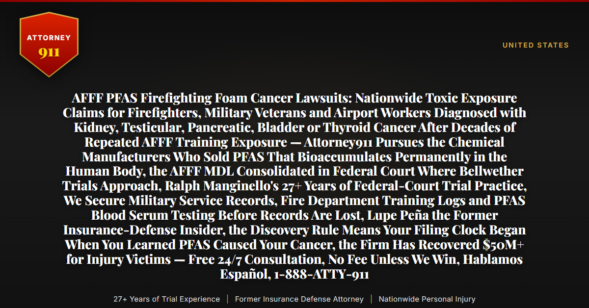 AFFF PFAS Firefighting Foam Cancer Lawsuits: Nationwide Toxic Exposure Claims for Firefighters, Military Veterans and Airport Workers Diagnosed with Kidney, Testicular, Pancreatic, Bladder or Thyroid Cancer After Decades of Repeated AFFF Training Exposure — Attorney911 Pursues the Chemical Manufacturers Who Sold PFAS That Bioaccumulates Permanently in the Human Body, the AFFF MDL Consolidated in Federal Court Where Bellwether Trials Approach, Ralph Manginello's 27+ Years of Federal-Court Trial Practice, We Secure Military Service Records, Fire Department Training Logs and PFAS Blood Serum Testing Before Records Are Lost, Lupe Peña the Former Insurance-Defense Insider, the Discovery Rule Means Your Filing Clock Began When You Learned PFAS Caused Your Cancer, the Firm Has Recovered $50M+ for Injury Victims — Free 24/7 Consultation, No Fee Unless We Win, Hablamos Español, 1-888-ATTY-911 - Attorney911