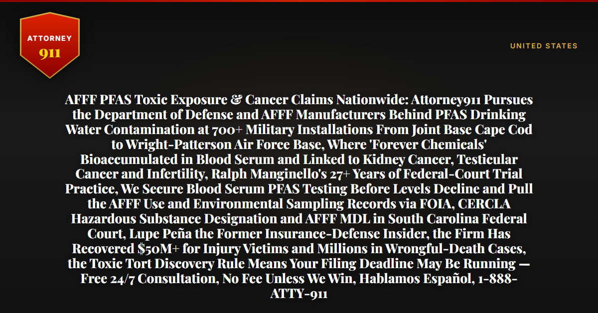 AFFF PFAS Toxic Exposure & Cancer Claims Nationwide: Attorney911 Pursues the Department of Defense and AFFF Manufacturers Behind PFAS Drinking Water Contamination at 700+ Military Installations From Joint Base Cape Cod to Wright-Patterson Air Force Base, Where 'Forever Chemicals' Bioaccumulated in Blood Serum and Linked to Kidney Cancer, Testicular Cancer and Infertility, Ralph Manginello's 27+ Years of Federal-Court Trial Practice, We Secure Blood Serum PFAS Testing Before Levels Decline and Pull the AFFF Use and Environmental Sampling Records via FOIA, CERCLA Hazardous Substance Designation and AFFF MDL in South Carolina Federal Court, Lupe Peña the Former Insurance-Defense Insider, the Firm Has Recovered $50M+ for Injury Victims and Millions in Wrongful-Death Cases, the Toxic Tort Discovery Rule Means Your Filing Deadline May Be Running — Free 24/7 Consultation, No Fee Unless We Win, Hablamos Español, 1-888-ATTY-911 - Attorney911
