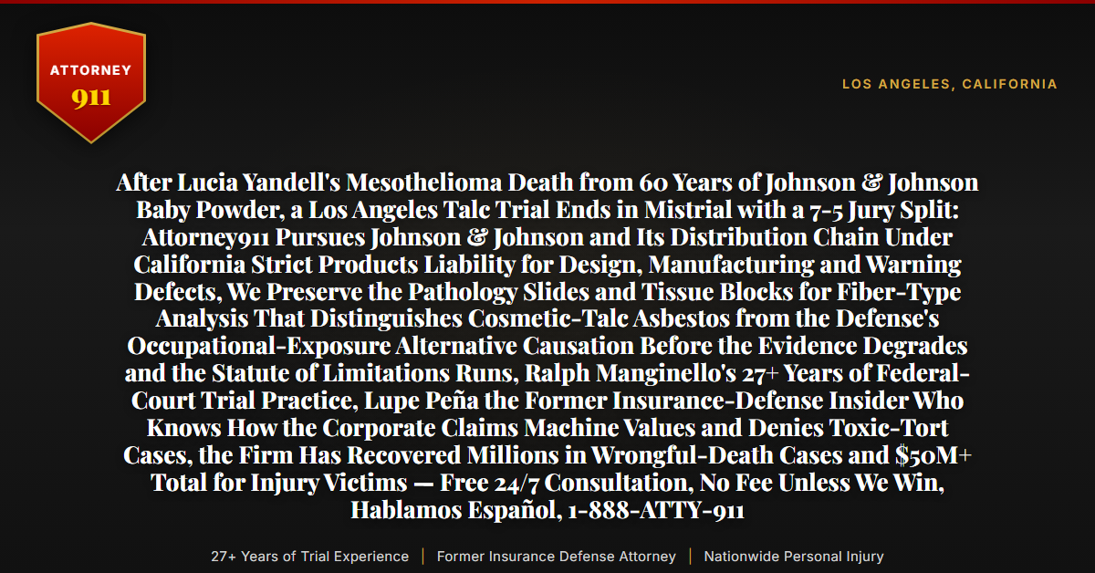 After Lucia Yandell's Mesothelioma Death from 60 Years of Johnson & Johnson Baby Powder, a Los Angeles Talc Trial Ends in Mistrial with a 7-5 Jury Split: Attorney911 Pursues Johnson & Johnson and Its Distribution Chain Under California Strict Products Liability for Design, Manufacturing and Warning Defects, We Preserve the Pathology Slides and Tissue Blocks for Fiber-Type Analysis That Distinguishes Cosmetic-Talc Asbestos from the Defense's Occupational-Exposure Alternative Causation Before the Evidence Degrades and the Statute of Limitations Runs, Ralph Manginello's 27+ Years of Federal-Court Trial Practice, Lupe Peña the Former Insurance-Defense Insider Who Knows How the Corporate Claims Machine Values and Denies Toxic-Tort Cases, the Firm Has Recovered Millions in Wrongful-Death Cases and $50M+ Total for Injury Victims — Free 24/7 Consultation, No Fee Unless We Win, Hablamos Español, 1-888-ATTY-911 - Attorney911