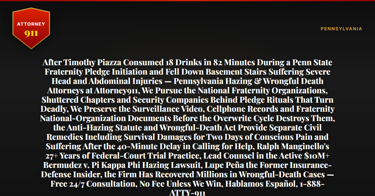 After Timothy Piazza Consumed 18 Drinks in 82 Minutes During a Penn State Fraternity Pledge Initiation and Fell Down Basement Stairs Suffering Severe Head and Abdominal Injuries — Pennsylvania Hazing & Wrongful Death Attorneys at Attorney911, We Pursue the National Fraternity Organizations, Shuttered Chapters and Security Companies Behind Pledge Rituals That Turn Deadly, We Preserve the Surveillance Video, Cellphone Records and Fraternity National-Organization Documents Before the Overwrite Cycle Destroys Them, the Anti-Hazing Statute and Wrongful-Death Act Provide Separate Civil Remedies Including Survival Damages for Two Days of Conscious Pain and Suffering After the 40-Minute Delay in Calling for Help, Ralph Manginello's 27+ Years of Federal-Court Trial Practice, Lead Counsel in the Active $10M+ Bermudez v. Pi Kappa Phi Hazing Lawsuit, Lupe Peña the Former Insurance-Defense Insider, the Firm Has Recovered Millions in Wrongful-Death Cases — Free 24/7 Consultation, No Fee Unless We Win, Hablamos Español, 1-888-ATTY-911 - Attorney911