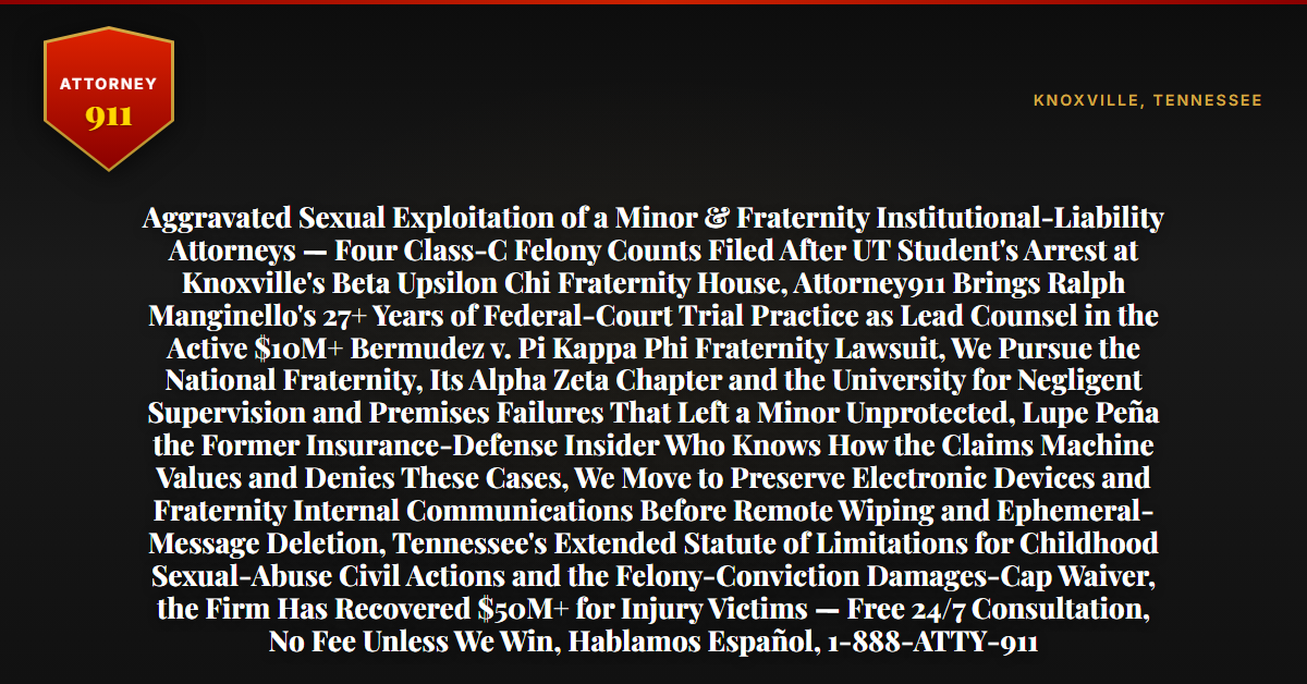 Aggravated Sexual Exploitation of a Minor & Fraternity Institutional-Liability Attorneys — Four Class-C Felony Counts Filed After UT Student's Arrest at Knoxville's Beta Upsilon Chi Fraternity House, Attorney911 Brings Ralph Manginello's 27+ Years of Federal-Court Trial Practice as Lead Counsel in the Active $10M+ Bermudez v. Pi Kappa Phi Fraternity Lawsuit, We Pursue the National Fraternity, Its Alpha Zeta Chapter and the University for Negligent Supervision and Premises Failures That Left a Minor Unprotected, Lupe Peña the Former Insurance-Defense Insider Who Knows How the Claims Machine Values and Denies These Cases, We Move to Preserve Electronic Devices and Fraternity Internal Communications Before Remote Wiping and Ephemeral-Message Deletion, Tennessee's Extended Statute of Limitations for Childhood Sexual-Abuse Civil Actions and the Felony-Conviction Damages-Cap Waiver, the Firm Has Recovered $50M+ for Injury Victims — Free 24/7 Consultation, No Fee Unless We Win, Hablamos Español, 1-888-ATTY-911 - Attorney911