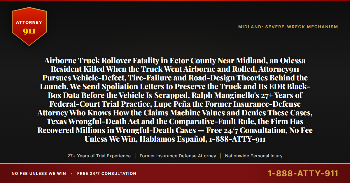 Airborne Truck Rollover Fatality in Ector County Near Midland, an Odessa Resident Killed When the Truck Went Airborne and Rolled, Attorney911 Pursues Vehicle-Defect, Tire-Failure and Road-Design Theories Behind the Launch, We Send Spoliation Letters to Preserve the Truck and Its EDR Black-Box Data Before the Vehicle Is Scrapped, Ralph Manginello's 27+ Years of Federal-Court Trial Practice, Lupe Peña the Former Insurance-Defense Attorney Who Knows How the Claims Machine Values and Denies These Cases, Texas Wrongful-Death Act and the Comparative-Fault Rule, the Firm Has Recovered Millions in Wrongful-Death Cases — Free 24/7 Consultation, No Fee Unless We Win, Hablamos Español, 1-888-ATTY-911 - Attorney911
