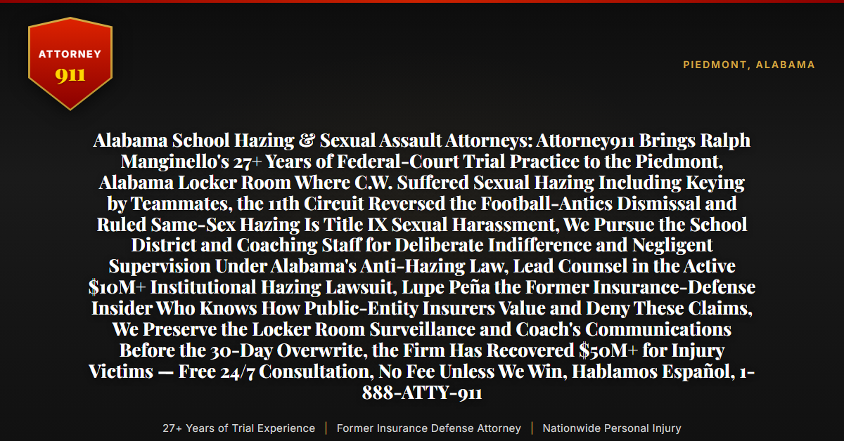 Alabama School Hazing & Sexual Assault Attorneys: Attorney911 Brings Ralph Manginello's 27+ Years of Federal-Court Trial Practice to the Piedmont, Alabama Locker Room Where C.W. Suffered Sexual Hazing Including Keying by Teammates, the 11th Circuit Reversed the Football-Antics Dismissal and Ruled Same-Sex Hazing Is Title IX Sexual Harassment, We Pursue the School District and Coaching Staff for Deliberate Indifference and Negligent Supervision Under Alabama's Anti-Hazing Law, Lead Counsel in the Active $10M+ Institutional Hazing Lawsuit, Lupe Peña the Former Insurance-Defense Insider Who Knows How Public-Entity Insurers Value and Deny These Claims, We Preserve the Locker Room Surveillance and Coach's Communications Before the 30-Day Overwrite, the Firm Has Recovered $50M+ for Injury Victims — Free 24/7 Consultation, No Fee Unless We Win, Hablamos Español, 1-888-ATTY-911 - Attorney911