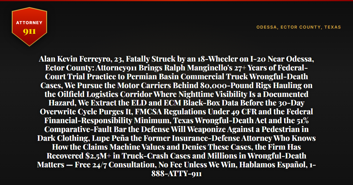Alan Kevin Ferreyro, 23, Fatally Struck by an 18-Wheeler on I-20 Near Odessa, Ector County: Attorney911 Brings Ralph Manginello's 27+ Years of Federal-Court Trial Practice to Permian Basin Commercial Truck Wrongful-Death Cases, We Pursue the Motor Carriers Behind 80,000-Pound Rigs Hauling on the Oilfield Logistics Corridor Where Nighttime Visibility Is a Documented Hazard, We Extract the ELD and ECM Black-Box Data Before the 30-Day Overwrite Cycle Purges It, FMCSA Regulations Under 49 CFR and the Federal Financial-Responsibility Minimum, Texas Wrongful-Death Act and the 51% Comparative-Fault Bar the Defense Will Weaponize Against a Pedestrian in Dark Clothing, Lupe Peña the Former Insurance-Defense Attorney Who Knows How the Claims Machine Values and Denies These Cases, the Firm Has Recovered $2.5M+ in Truck-Crash Cases and Millions in Wrongful-Death Matters — Free 24/7 Consultation, No Fee Unless We Win, Hablamos Español, 1-888-ATTY-911 - Attorney911