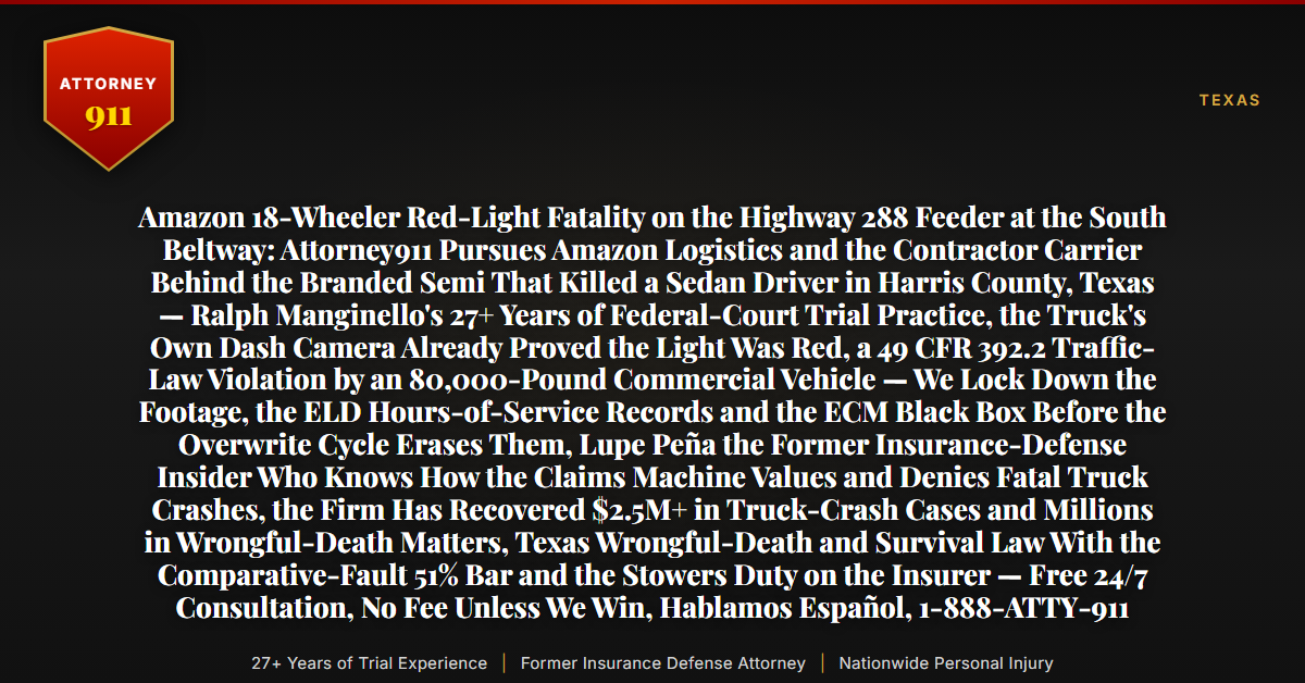 Amazon 18-Wheeler Red-Light Fatality on the Highway 288 Feeder at the South Beltway: Attorney911 Pursues Amazon Logistics and the Contractor Carrier Behind the Branded Semi That Killed a Sedan Driver in Harris County, Texas — Ralph Manginello's 27+ Years of Federal-Court Trial Practice, the Truck's Own Dash Camera Already Proved the Light Was Red, a 49 CFR 392.2 Traffic-Law Violation by an 80,000-Pound Commercial Vehicle — We Lock Down the Footage, the ELD Hours-of-Service Records and the ECM Black Box Before the Overwrite Cycle Erases Them, Lupe Peña the Former Insurance-Defense Insider Who Knows How the Claims Machine Values and Denies Fatal Truck Crashes, the Firm Has Recovered $2.5M+ in Truck-Crash Cases and Millions in Wrongful-Death Matters, Texas Wrongful-Death and Survival Law With the Comparative-Fault 51% Bar and the Stowers Duty on the Insurer — Free 24/7 Consultation, No Fee Unless We Win, Hablamos Español, 1-888-ATTY-911 - Attorney911
