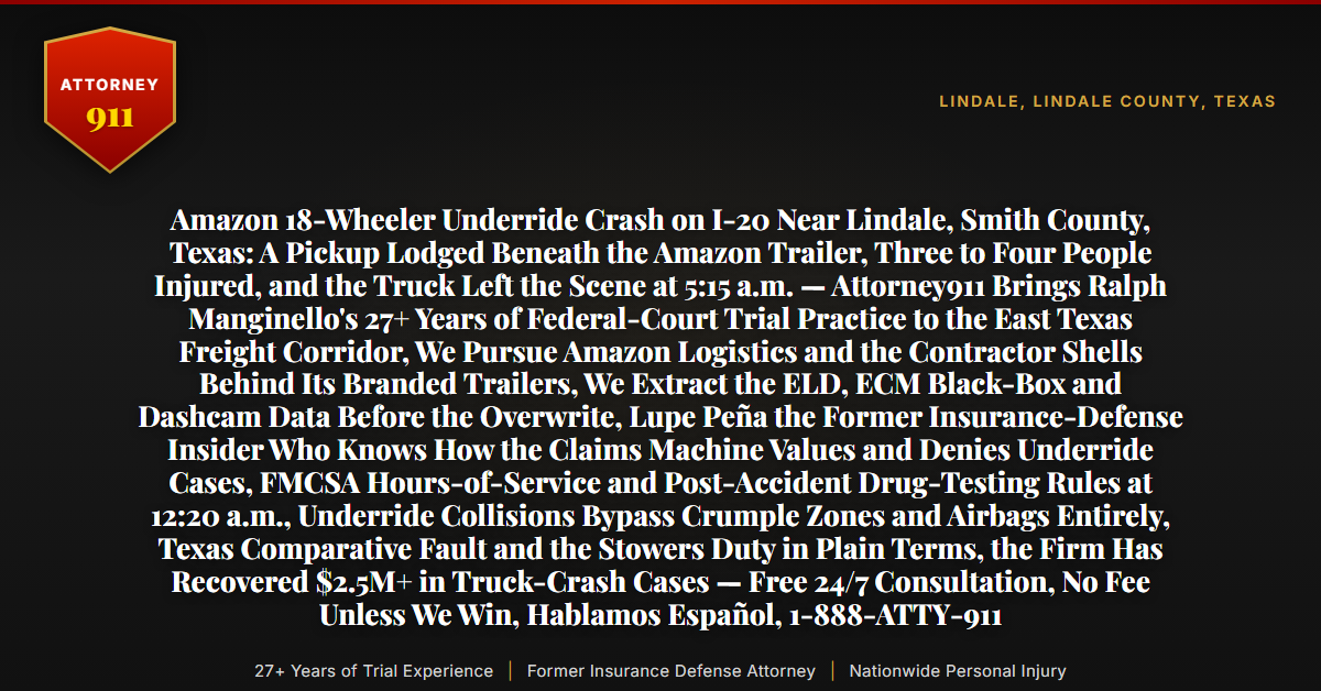 Amazon 18-Wheeler Underride Crash on I-20 Near Lindale, Smith County, Texas: A Pickup Lodged Beneath the Amazon Trailer, Three to Four People Injured, and the Truck Left the Scene at 5:15 a.m. — Attorney911 Brings Ralph Manginello's 27+ Years of Federal-Court Trial Practice to the East Texas Freight Corridor, We Pursue Amazon Logistics and the Contractor Shells Behind Its Branded Trailers, We Extract the ELD, ECM Black-Box and Dashcam Data Before the Overwrite, Lupe Peña the Former Insurance-Defense Insider Who Knows How the Claims Machine Values and Denies Underride Cases, FMCSA Hours-of-Service and Post-Accident Drug-Testing Rules at 12:20 a.m., Underride Collisions Bypass Crumple Zones and Airbags Entirely, Texas Comparative Fault and the Stowers Duty in Plain Terms, the Firm Has Recovered $2.5M+ in Truck-Crash Cases — Free 24/7 Consultation, No Fee Unless We Win, Hablamos Español, 1-888-ATTY-911 - Attorney911