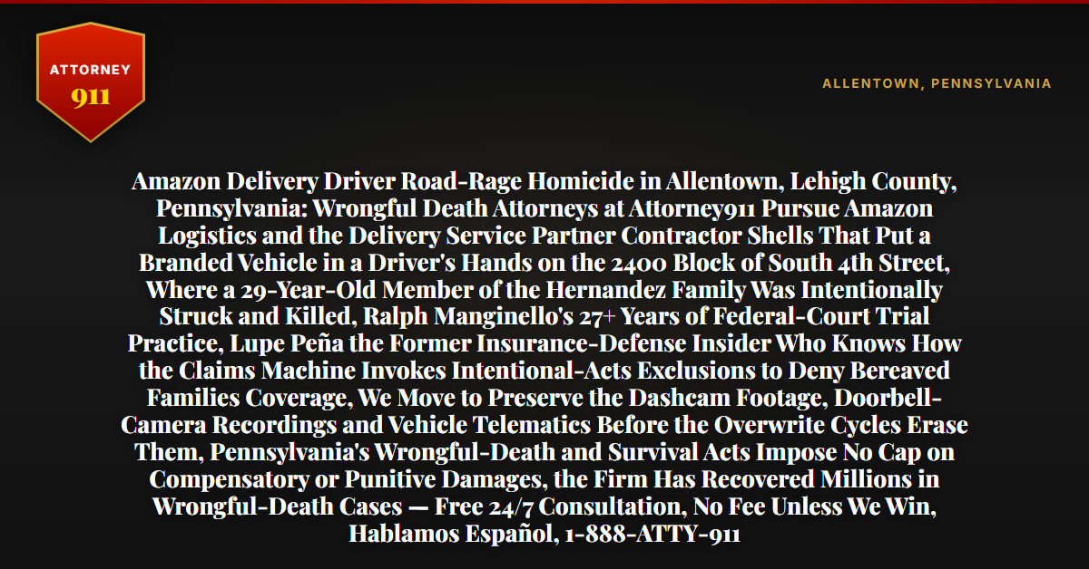 Amazon Delivery Driver Road-Rage Homicide in Allentown, Lehigh County, Pennsylvania: Wrongful Death Attorneys at Attorney911 Pursue Amazon Logistics and the Delivery Service Partner Contractor Shells That Put a Branded Vehicle in a Driver's Hands on the 2400 Block of South 4th Street, Where a 29-Year-Old Member of the Hernandez Family Was Intentionally Struck and Killed, Ralph Manginello's 27+ Years of Federal-Court Trial Practice, Lupe Peña the Former Insurance-Defense Insider Who Knows How the Claims Machine Invokes Intentional-Acts Exclusions to Deny Bereaved Families Coverage, We Move to Preserve the Dashcam Footage, Doorbell-Camera Recordings and Vehicle Telematics Before the Overwrite Cycles Erase Them, Pennsylvania's Wrongful-Death and Survival Acts Impose No Cap on Compensatory or Punitive Damages, the Firm Has Recovered Millions in Wrongful-Death Cases — Free 24/7 Consultation, No Fee Unless We Win, Hablamos Español, 1-888-ATTY-911 - Attorney911
