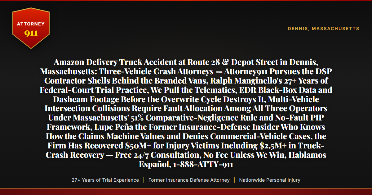 Amazon Delivery Truck Accident at Route 28 & Depot Street in Dennis, Massachusetts: Three-Vehicle Crash Attorneys — Attorney911 Pursues the DSP Contractor Shells Behind the Branded Vans, Ralph Manginello's 27+ Years of Federal-Court Trial Practice, We Pull the Telematics, EDR Black-Box Data and Dashcam Footage Before the Overwrite Cycle Destroys It, Multi-Vehicle Intersection Collisions Require Fault Allocation Among All Three Operators Under Massachusetts' 51% Comparative-Negligence Rule and No-Fault PIP Framework, Lupe Peña the Former Insurance-Defense Insider Who Knows How the Claims Machine Values and Denies Commercial-Vehicle Cases, the Firm Has Recovered $50M+ for Injury Victims Including $2.5M+ in Truck-Crash Recovery — Free 24/7 Consultation, No Fee Unless We Win, Hablamos Español, 1-888-ATTY-911 - Attorney911