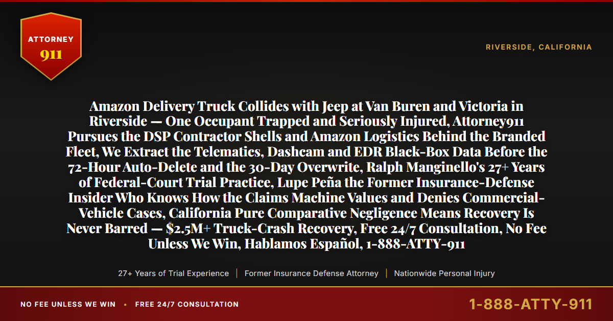 Amazon Delivery Truck Collides with Jeep at Van Buren and Victoria in Riverside — One Occupant Trapped and Seriously Injured, Attorney911 Pursues the DSP Contractor Shells and Amazon Logistics Behind the Branded Fleet, We Extract the Telematics, Dashcam and EDR Black-Box Data Before the 72-Hour Auto-Delete and the 30-Day Overwrite, Ralph Manginello's 27+ Years of Federal-Court Trial Practice, Lupe Peña the Former Insurance-Defense Insider Who Knows How the Claims Machine Values and Denies Commercial-Vehicle Cases, California Pure Comparative Negligence Means Recovery Is Never Barred — $2.5M+ Truck-Crash Recovery, Free 24/7 Consultation, No Fee Unless We Win, Hablamos Español, 1-888-ATTY-911 - Attorney911