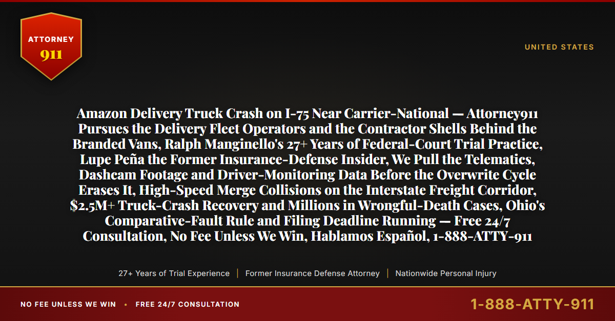 Amazon Delivery Truck Crash on I-75 Near Carrier-National — Attorney911 Pursues the Delivery Fleet Operators and the Contractor Shells Behind the Branded Vans, Ralph Manginello's 27+ Years of Federal-Court Trial Practice, Lupe Peña the Former Insurance-Defense Insider, We Pull the Telematics, Dashcam Footage and Driver-Monitoring Data Before the Overwrite Cycle Erases It, High-Speed Merge Collisions on the Interstate Freight Corridor, $2.5M+ Truck-Crash Recovery and Millions in Wrongful-Death Cases, Ohio's Comparative-Fault Rule and Filing Deadline Running — Free 24/7 Consultation, No Fee Unless We Win, Hablamos Español, 1-888-ATTY-911 - Attorney911