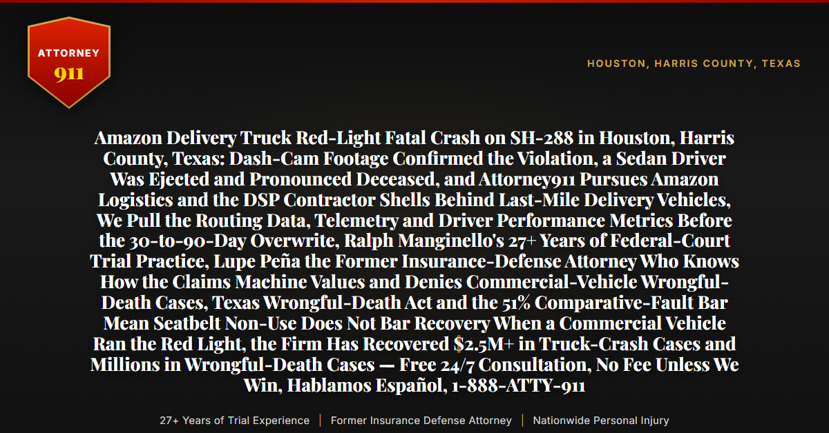 Amazon Delivery Truck Red-Light Fatal Crash on SH-288 in Houston, Harris County, Texas: Dash-Cam Footage Confirmed the Violation, a Sedan Driver Was Ejected and Pronounced Deceased, and Attorney911 Pursues Amazon Logistics and the DSP Contractor Shells Behind Last-Mile Delivery Vehicles, We Pull the Routing Data, Telemetry and Driver Performance Metrics Before the 30-to-90-Day Overwrite, Ralph Manginello's 27+ Years of Federal-Court Trial Practice, Lupe Peña the Former Insurance-Defense Attorney Who Knows How the Claims Machine Values and Denies Commercial-Vehicle Wrongful-Death Cases, Texas Wrongful-Death Act and the 51% Comparative-Fault Bar Mean Seatbelt Non-Use Does Not Bar Recovery When a Commercial Vehicle Ran the Red Light, the Firm Has Recovered $2.5M+ in Truck-Crash Cases and Millions in Wrongful-Death Cases — Free 24/7 Consultation, No Fee Unless We Win, Hablamos Español, 1-888-ATTY-911 - Attorney911