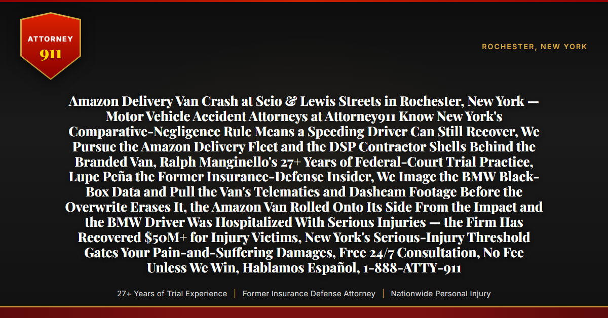 Amazon Delivery Van Crash at Scio & Lewis Streets in Rochester, New York — Motor Vehicle Accident Attorneys at Attorney911 Know New York's Comparative-Negligence Rule Means a Speeding Driver Can Still Recover, We Pursue the Amazon Delivery Fleet and the DSP Contractor Shells Behind the Branded Van, Ralph Manginello's 27+ Years of Federal-Court Trial Practice, Lupe Peña the Former Insurance-Defense Insider, We Image the BMW Black-Box Data and Pull the Van's Telematics and Dashcam Footage Before the Overwrite Erases It, the Amazon Van Rolled Onto Its Side From the Impact and the BMW Driver Was Hospitalized With Serious Injuries — the Firm Has Recovered $50M+ for Injury Victims, New York's Serious-Injury Threshold Gates Your Pain-and-Suffering Damages, Free 24/7 Consultation, No Fee Unless We Win, Hablamos Español, 1-888-ATTY-911 - Attorney911