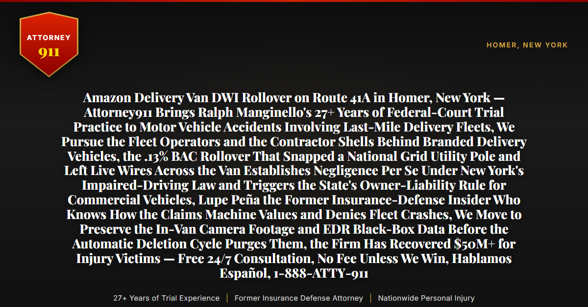 Amazon Delivery Van DWI Rollover on Route 41A in Homer, New York — Attorney911 Brings Ralph Manginello's 27+ Years of Federal-Court Trial Practice to Motor Vehicle Accidents Involving Last-Mile Delivery Fleets, We Pursue the Fleet Operators and the Contractor Shells Behind Branded Delivery Vehicles, the .13% BAC Rollover That Snapped a National Grid Utility Pole and Left Live Wires Across the Van Establishes Negligence Per Se Under New York's Impaired-Driving Law and Triggers the State's Owner-Liability Rule for Commercial Vehicles, Lupe Peña the Former Insurance-Defense Insider Who Knows How the Claims Machine Values and Denies Fleet Crashes, We Move to Preserve the In-Van Camera Footage and EDR Black-Box Data Before the Automatic Deletion Cycle Purges Them, the Firm Has Recovered $50M+ for Injury Victims — Free 24/7 Consultation, No Fee Unless We Win, Hablamos Español, 1-888-ATTY-911 - Attorney911