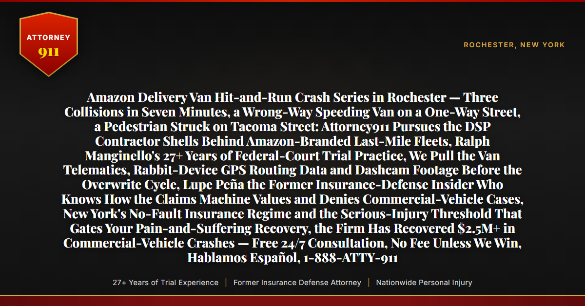 Amazon Delivery Van Hit-and-Run Crash Series in Rochester — Three Collisions in Seven Minutes, a Wrong-Way Speeding Van on a One-Way Street, a Pedestrian Struck on Tacoma Street: Attorney911 Pursues the DSP Contractor Shells Behind Amazon-Branded Last-Mile Fleets, Ralph Manginello's 27+ Years of Federal-Court Trial Practice, We Pull the Van Telematics, Rabbit-Device GPS Routing Data and Dashcam Footage Before the Overwrite Cycle, Lupe Peña the Former Insurance-Defense Insider Who Knows How the Claims Machine Values and Denies Commercial-Vehicle Cases, New York's No-Fault Insurance Regime and the Serious-Injury Threshold That Gates Your Pain-and-Suffering Recovery, the Firm Has Recovered $2.5M+ in Commercial-Vehicle Crashes — Free 24/7 Consultation, No Fee Unless We Win, Hablamos Español, 1-888-ATTY-911 - Attorney911