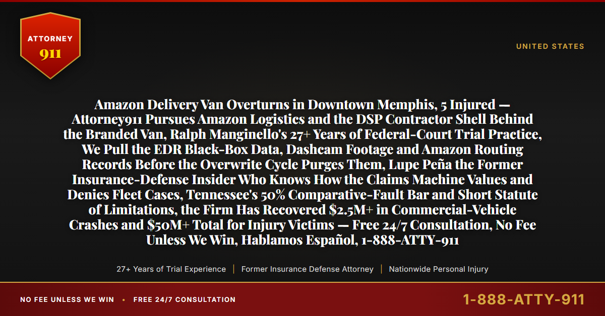 Amazon Delivery Van Overturns in Downtown Memphis, 5 Injured — Attorney911 Pursues Amazon Logistics and the DSP Contractor Shell Behind the Branded Van, Ralph Manginello's 27+ Years of Federal-Court Trial Practice, We Pull the EDR Black-Box Data, Dashcam Footage and Amazon Routing Records Before the Overwrite Cycle Purges Them, Lupe Peña the Former Insurance-Defense Insider Who Knows How the Claims Machine Values and Denies Fleet Cases, Tennessee's 50% Comparative-Fault Bar and Short Statute of Limitations, the Firm Has Recovered $2.5M+ in Commercial-Vehicle Crashes and $50M+ Total for Injury Victims — Free 24/7 Consultation, No Fee Unless We Win, Hablamos Español, 1-888-ATTY-911 - Attorney911