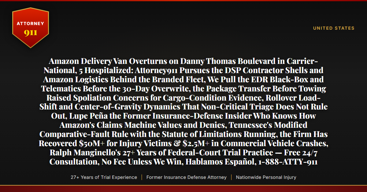 Amazon Delivery Van Overturns on Danny Thomas Boulevard in Carrier-National, 5 Hospitalized: Attorney911 Pursues the DSP Contractor Shells and Amazon Logistics Behind the Branded Fleet, We Pull the EDR Black-Box and Telematics Before the 30-Day Overwrite, the Package Transfer Before Towing Raised Spoliation Concerns for Cargo-Condition Evidence, Rollover Load-Shift and Center-of-Gravity Dynamics That Non-Critical Triage Does Not Rule Out, Lupe Peña the Former Insurance-Defense Insider Who Knows How Amazon's Claims Machine Values and Denies, Tennessee's Modified Comparative-Fault Rule with the Statute of Limitations Running, the Firm Has Recovered $50M+ for Injury Victims & $2.5M+ in Commercial Vehicle Crashes, Ralph Manginello's 27+ Years of Federal-Court Trial Practice — Free 24/7 Consultation, No Fee Unless We Win, Hablamos Español, 1-888-ATTY-911 - Attorney911