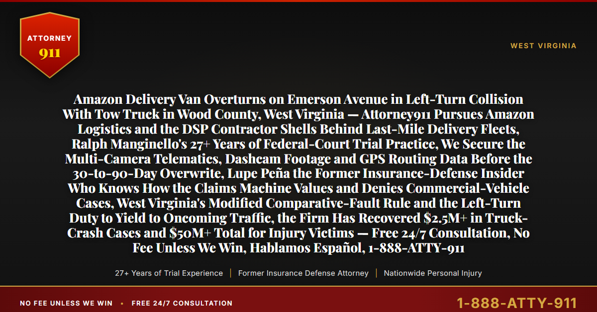 Amazon Delivery Van Overturns on Emerson Avenue in Left-Turn Collision With Tow Truck in Wood County, West Virginia — Attorney911 Pursues Amazon Logistics and the DSP Contractor Shells Behind Last-Mile Delivery Fleets, Ralph Manginello's 27+ Years of Federal-Court Trial Practice, We Secure the Multi-Camera Telematics, Dashcam Footage and GPS Routing Data Before the 30-to-90-Day Overwrite, Lupe Peña the Former Insurance-Defense Insider Who Knows How the Claims Machine Values and Denies Commercial-Vehicle Cases, West Virginia's Modified Comparative-Fault Rule and the Left-Turn Duty to Yield to Oncoming Traffic, the Firm Has Recovered $2.5M+ in Truck-Crash Cases and $50M+ Total for Injury Victims — Free 24/7 Consultation, No Fee Unless We Win, Hablamos Español, 1-888-ATTY-911 - Attorney911