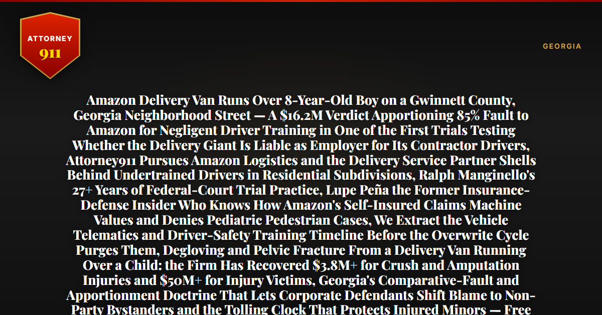Amazon Delivery Van Runs Over 8-Year-Old Boy on a Gwinnett County, Georgia Neighborhood Street — A $16.2M Verdict Apportioning 85% Fault to Amazon for Negligent Driver Training in One of the First Trials Testing Whether the Delivery Giant Is Liable as Employer for Its Contractor Drivers, Attorney911 Pursues Amazon Logistics and the Delivery Service Partner Shells Behind Undertrained Drivers in Residential Subdivisions, Ralph Manginello's 27+ Years of Federal-Court Trial Practice, Lupe Peña the Former Insurance-Defense Insider Who Knows How Amazon's Self-Insured Claims Machine Values and Denies Pediatric Pedestrian Cases, We Extract the Vehicle Telematics and Driver-Safety Training Timeline Before the Overwrite Cycle Purges Them, Degloving and Pelvic Fracture From a Delivery Van Running Over a Child: the Firm Has Recovered $3.8M+ for Crush and Amputation Injuries and $50M+ for Injury Victims, Georgia's Comparative-Fault and Apportionment Doctrine That Lets Corporate Defendants Shift Blame to Non-Party Bystanders and the Tolling Clock That Protects Injured Minors — Free 24/7 Consultation, No Fee Unless We Win, Hablamos Español, 1-888-ATTY-911 - Attorney911