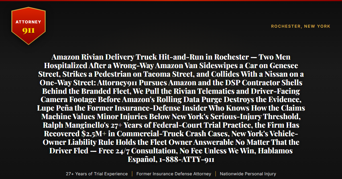 Amazon Rivian Delivery Truck Hit-and-Run in Rochester — Two Men Hospitalized After a Wrong-Way Amazon Van Sideswipes a Car on Genesee Street, Strikes a Pedestrian on Tacoma Street, and Collides With a Nissan on a One-Way Street: Attorney911 Pursues Amazon and the DSP Contractor Shells Behind the Branded Fleet, We Pull the Rivian Telematics and Driver-Facing Camera Footage Before Amazon's Rolling Data Purge Destroys the Evidence, Lupe Peña the Former Insurance-Defense Insider Who Knows How the Claims Machine Values Minor Injuries Below New York's Serious-Injury Threshold, Ralph Manginello's 27+ Years of Federal-Court Trial Practice, the Firm Has Recovered $2.5M+ in Commercial-Truck Crash Cases, New York's Vehicle-Owner Liability Rule Holds the Fleet Owner Answerable No Matter That the Driver Fled — Free 24/7 Consultation, No Fee Unless We Win, Hablamos Español, 1-888-ATTY-911 - Attorney911
